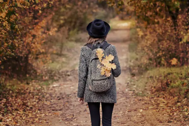 Photo of Girl in a hat with a backpack is standing in the autumn forest. Back view