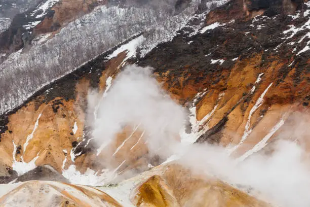 Photo of Close up detail of Noboribetsu Jigokudani (Hell Valley): The volcano valley got its name from the sulfuric smell, extremely high heat and steam spouting out of the ground in Hokkaido, Japan.