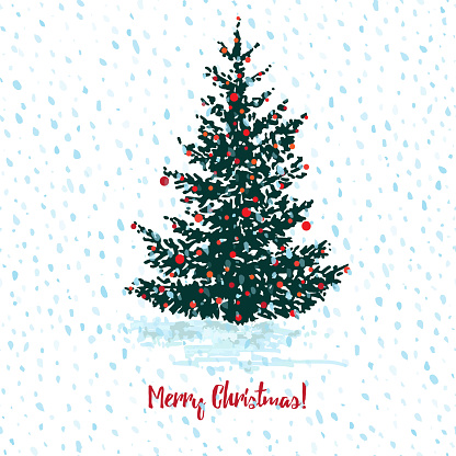 Festive Christmas card. Fir tree with red balls on white snowy seamless background and text Merry Christmas Vector illustrations