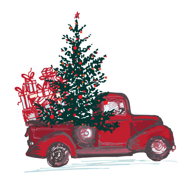 kartka świąteczna nowy rok 2018. czerwona ciężarówka z jodłą ozdobiona czerwonymi kulkami izolowanymi na białym tle - truck grunge drawing illustration and painting stock illustrations