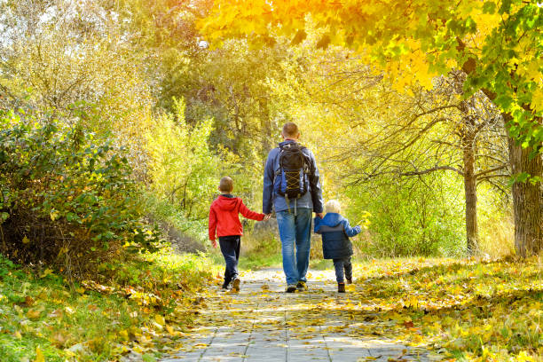 istock Father and two sons walking in the autumn forest. Back view 868041356