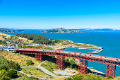 Golden Gate Bridge with the skyline of San Francisco in the background on a beautiful sunny day with blue sky and clouds in summer - California, USA