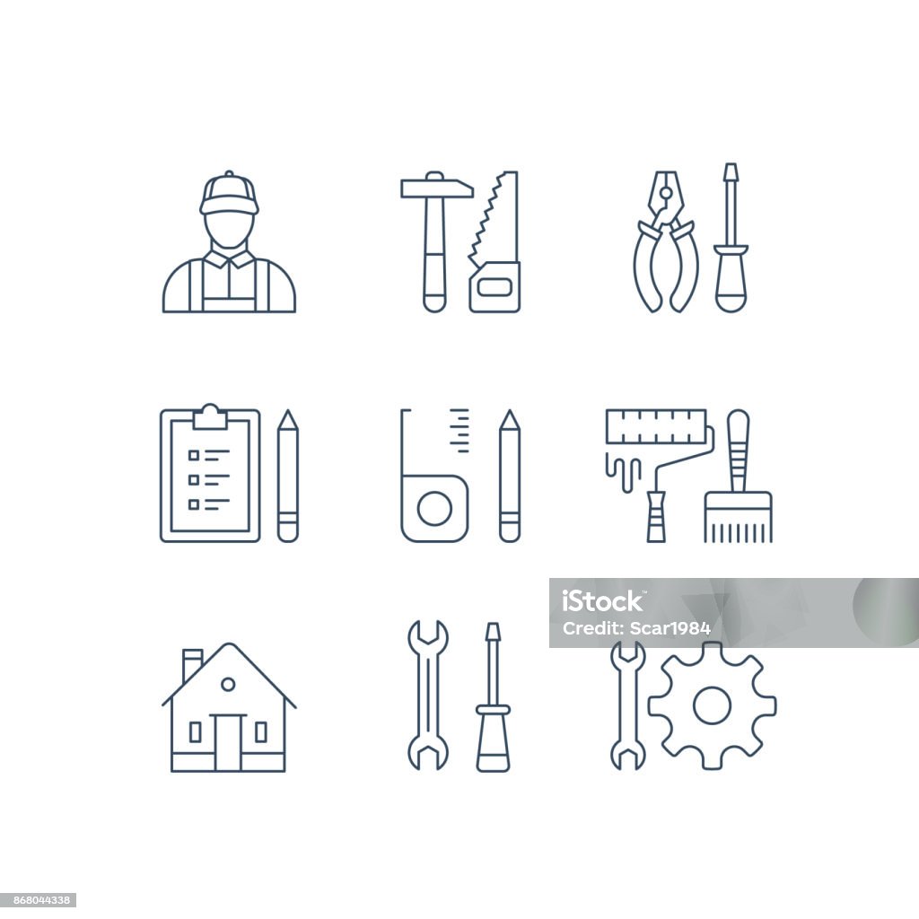 House repair tools, home improvement worker, renovation equipment, hammer saw, pliers and screwdriver, roller paint and brush Home improvement repairman, manual work service, house repair tool, renovation design, hammer saw symbol, pliers and screwdriver, roller paint and brush, construction equipment vector line icon Icon Symbol stock vector