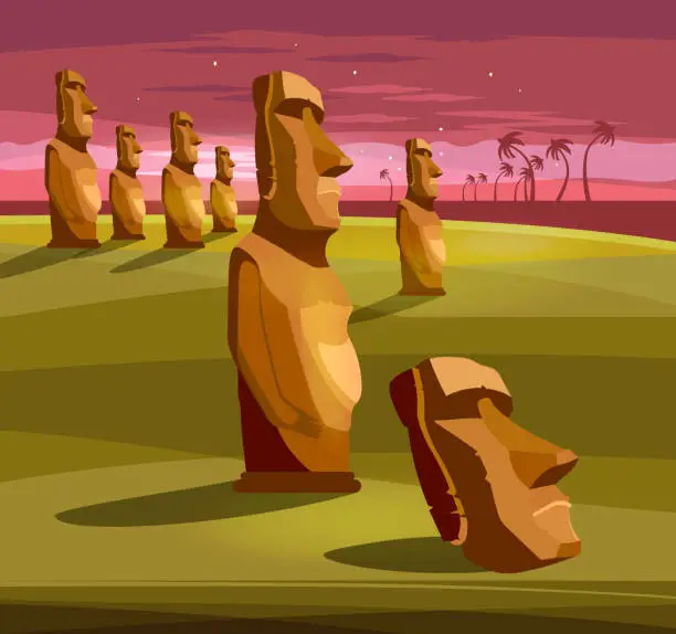 Vector illustration of Stone idols. Tourism and vacation tropical Easter island background. Moai statues of Easter island landscape Polynesia