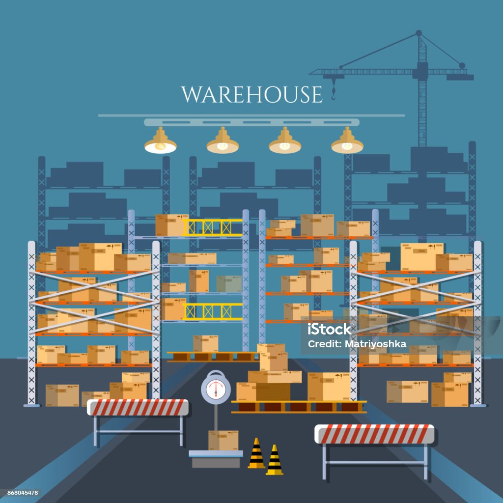 Logistic and delivery service concept. Warehouse industry. Warehouse interior box on rack and warehouse building Box - Container stock vector