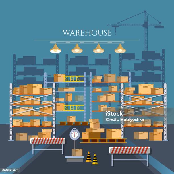 Logistic And Delivery Service Concept Warehouse Industry Warehouse Interior Box On Rack And Warehouse Building Stock Illustration - Download Image Now