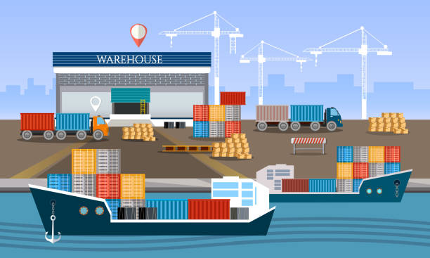 lager und versand hafen logistik, versand und lieferung lager-vektor-illustration. seetransport und logistik - warehouse distribution warehouse occupation truck stock-grafiken, -clipart, -cartoons und -symbole