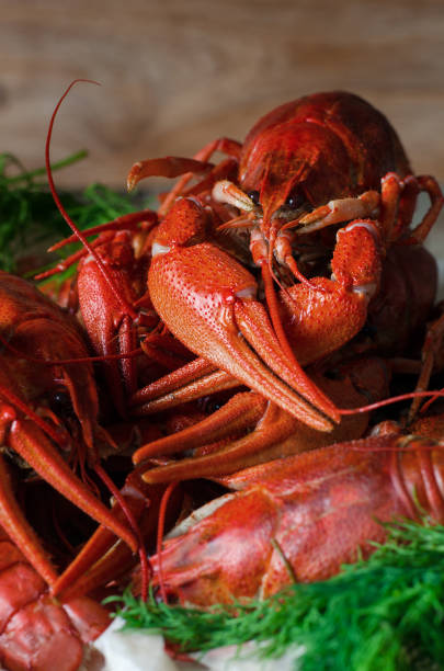 istock Boiled crawfish with dill in wooden dish 868049356