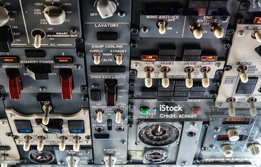 Aircraft Control Panel A commercial Aircraft Control Panel. Airplane Stock Photo