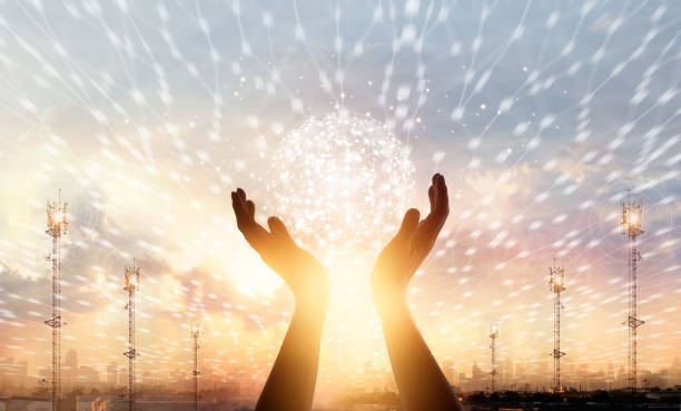 istock Businessman touching circle global network connection and data exchanges worldwide on city sunset background, communication and technology concept 868053236