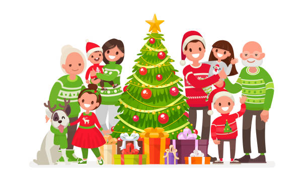 große, glückliche familie und weihnachtsbaum mit geschenken. vektor-illustration - weihnachten familie stock-grafiken, -clipart, -cartoons und -symbole