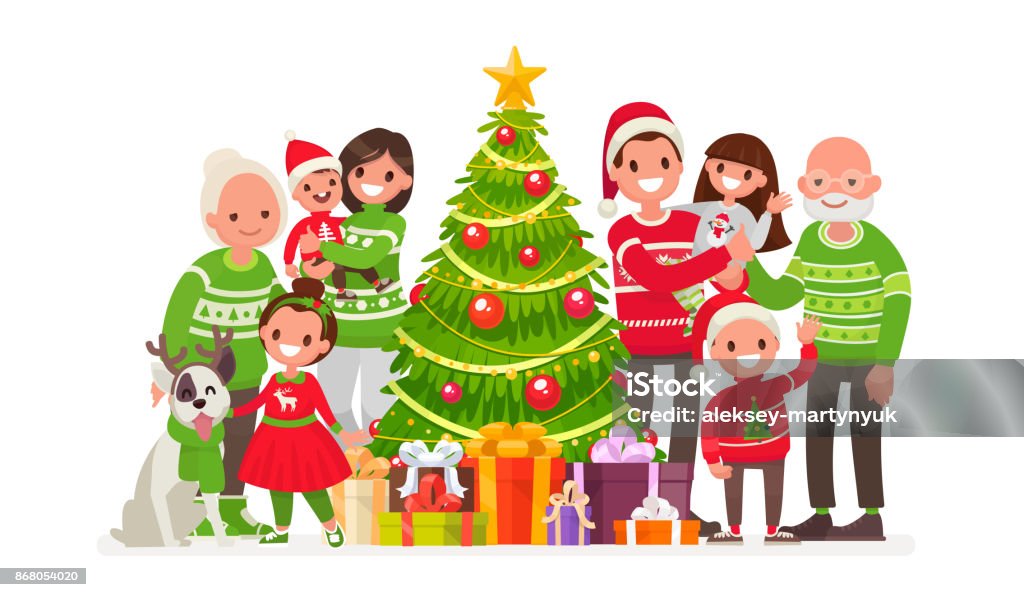 Stor lycklig familj och julgran med gåvor. Vektorillustration - Royaltyfri Jul vektorgrafik