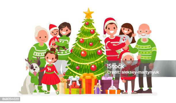 Stor Lycklig Familj Och Julgran Med Gåvor Vektorillustration-vektorgrafik och fler bilder på Jul