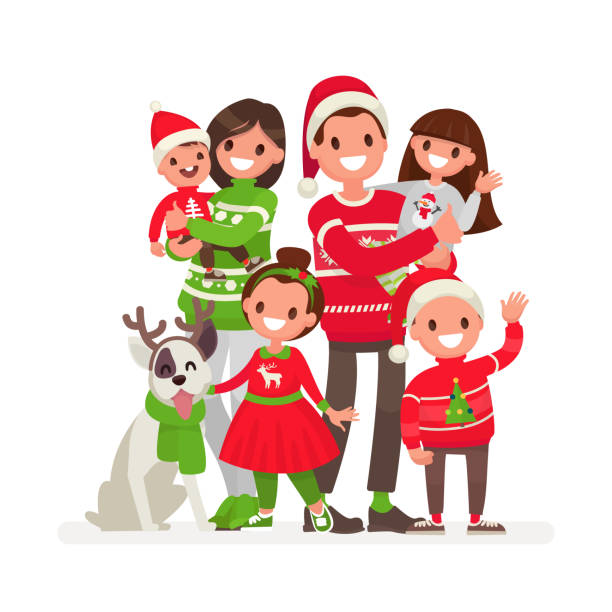 ilustrações, clipart, desenhos animados e ícones de família feliz no natal. ilustração em vetor em um estilo simples - natal familia