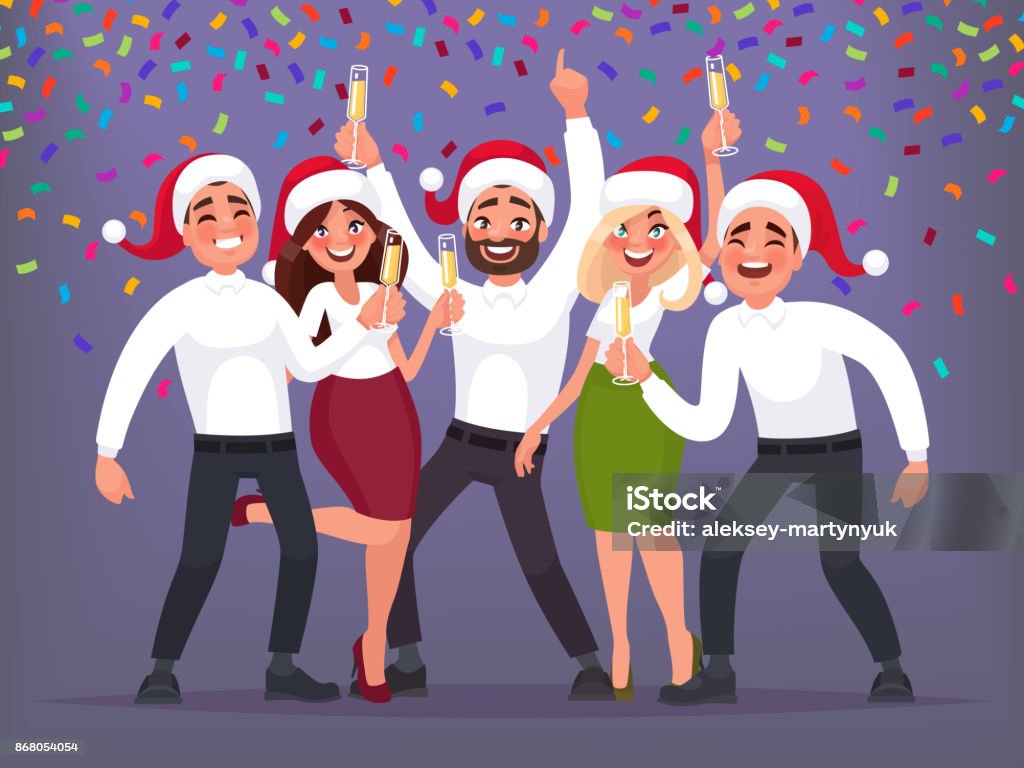 Glückliche Gruppe von Geschäftsleuten auf ein Weihnachts- und Neujahrs Firmenfeier. Vektor-illustration - Lizenzfrei Büro Vektorgrafik