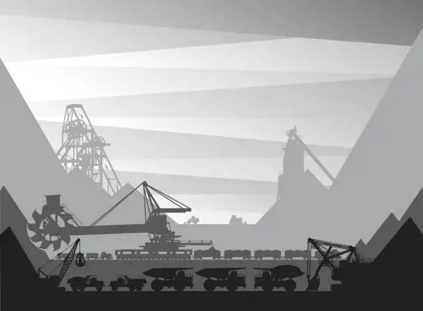 Vector illustration of Mining quarry equipment and transport