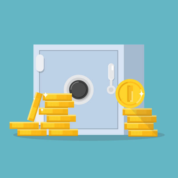 safe und münzen - coin bank cash box safety deposit box lock stock-grafiken, -clipart, -cartoons und -symbole