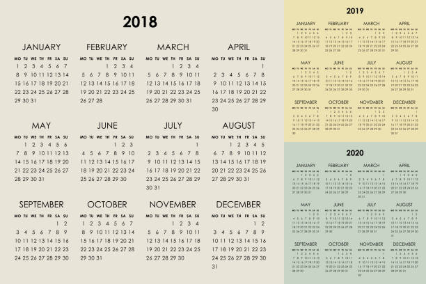 Calendar 2018, 2019, 2020 years Calendar for 2018 2019 2020 years. Week starts monday 2018 calendar stock illustrations