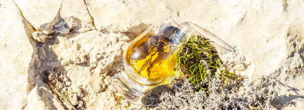 único whisky de malte em vidro na pedra, bebo em uma pedra natural - scotch on the rock - fotografias e filmes do acervo