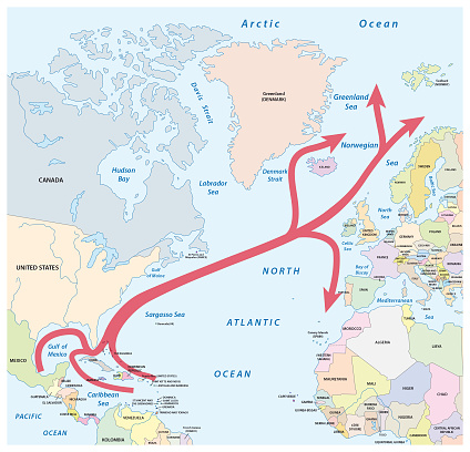 Vector map of the Gulf and North Atlantic stream in the Atlantic Ocean