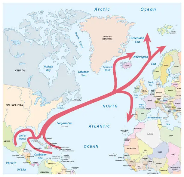 Vector illustration of Map of the Gulf and North Atlantic stream in the Atlantic Ocean