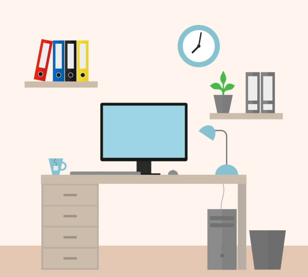 Vector illustration of an office with equipment as a job for a manager - flat design Vector illustration of an office with equipment as a job for a manager - flat design organized bookshelf stock illustrations