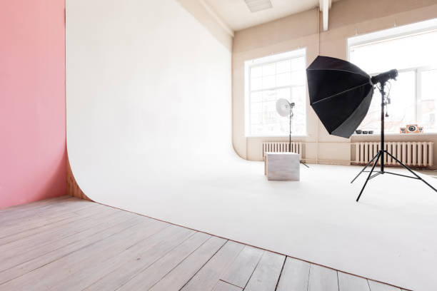 istock large studio space white cyclorama and natural light from large windows. lighting equipment and flash 868071318