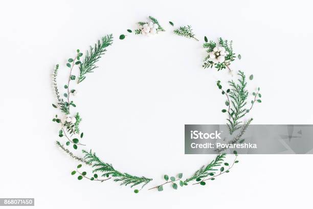 Christmas Winter Wreath Flat Lay Top View Copy Space Stock Photo - Download Image Now