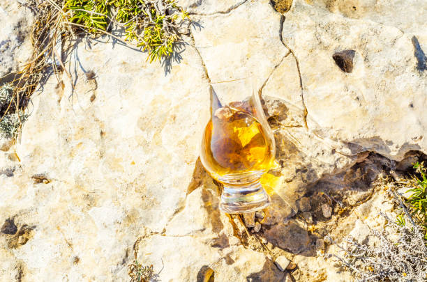 único whisky de malte em vidro na pedra, bebo em uma pedra natural - scotch on the rock - fotografias e filmes do acervo