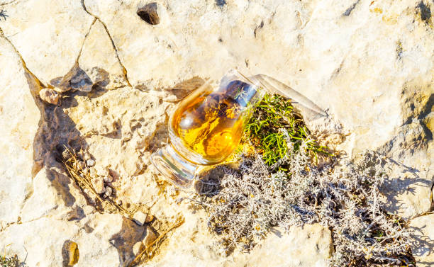 岩の上のガラスのシングルモルト スコッチ ・ ウイスキー、自然石の上を飲む - scotch on the rock ストックフォトと画像