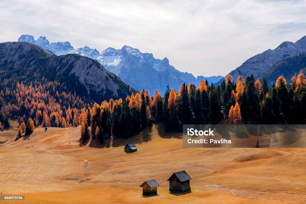 Prato Piazza, famous plateau in the Dolomites in autumn, South Tyrol, Italy Alto Adige - Italy Stock Photo