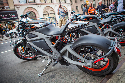 New York, USA, June 23, 2014: photograph of the new model with electric motor harley davidson, in his presentation in New York, part of livewire project, to present the new electric model Harley Davidson, Harley Davidson is an American Motobike manufacturer, founded 1903 in Milwaukee, Wisconsin.