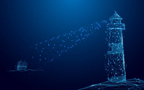 istock Lighthouse searchlight beam through Yacht in the sea from lines and triangles, point connecting network on blue background. Illustration vector 868075408