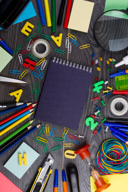 istock Back to school. Set of school objects for modern education: pens, scissors, pensils and other multicolored accessories on wooden desk 868076716