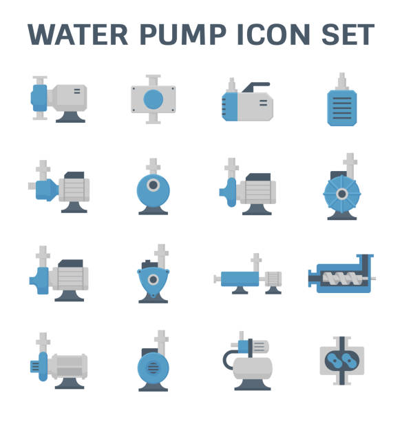water pump icon Vector icon of electric water pump and steel pipe for water distribution isolated on white background. lobe illustrations stock illustrations