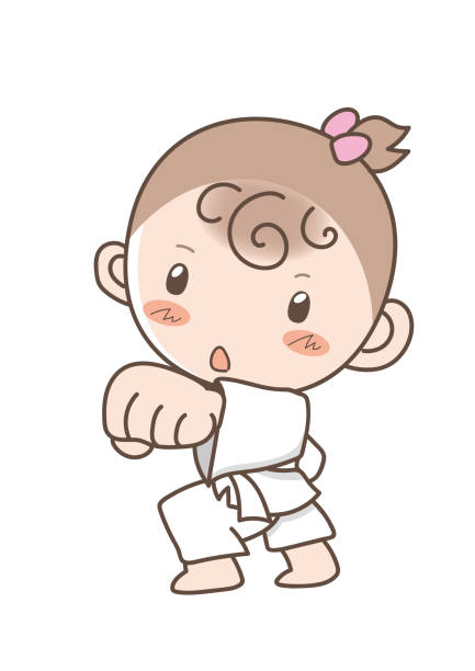 illustrations, cliparts, dessins animés et icônes de pose de karaté enfant - fille - punching one person shaking fist fist