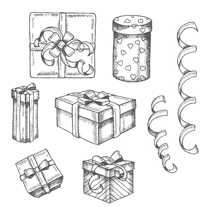 Vector Hand drawn Set of different gifts and packages and serpentine. Sketch. Engraving. Christmas, New Year, happy Birthday.