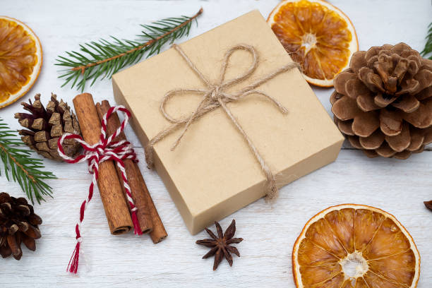 istock Gift box and christmas decoration. Flat lay 868091538