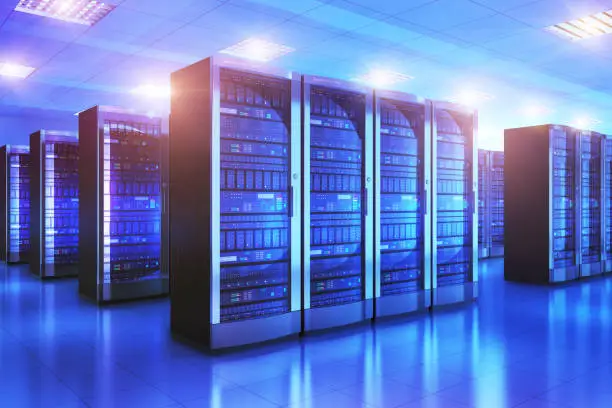 Modern web network and internet telecommunication technology, big data storage and cloud computing computer service business concept: 3D render illustration of the server room interior in datacenter in blue light