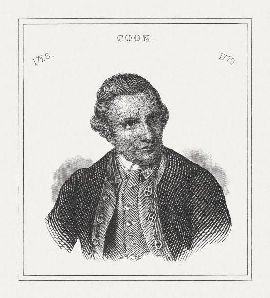 james cook (1728-1779), brytyjski nawigator, grawerowanie stalowe, opublikowane w 1843 - james cook stock illustrations