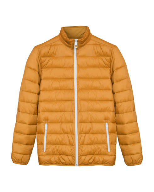 orange uomo sport sci inverno down jacket isolato bianco - giacca a vento foto e immagini stock