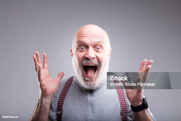 Exaggerated Surprise Of An Old Man Stock Photo - Download Image Now - Surprise, Men, Senior Men