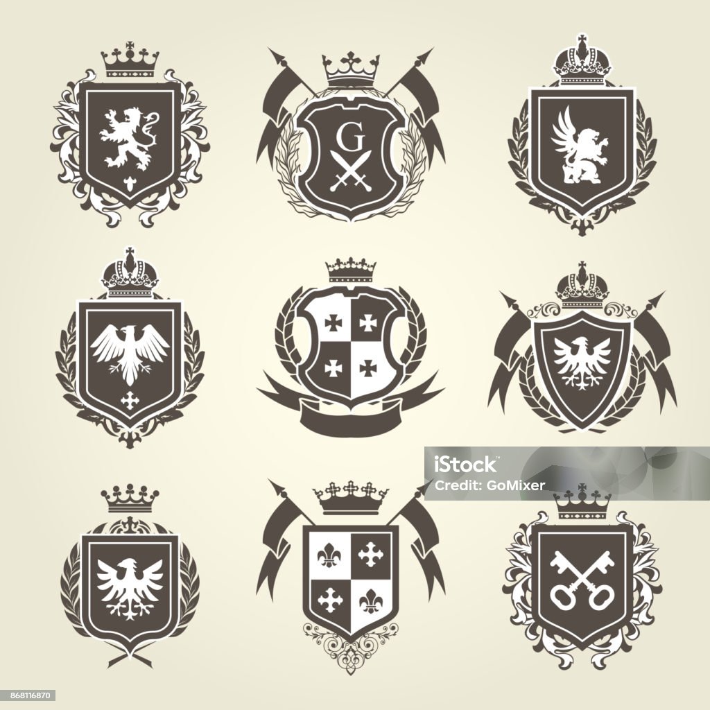 Royal blazons and coat of arms - knight heraldic emblems Coat Of Arms stock vector