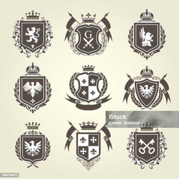 Royal Blazons And Coat Of Arms Knight Heraldic Emblems Stock Illustration - Download Image Now