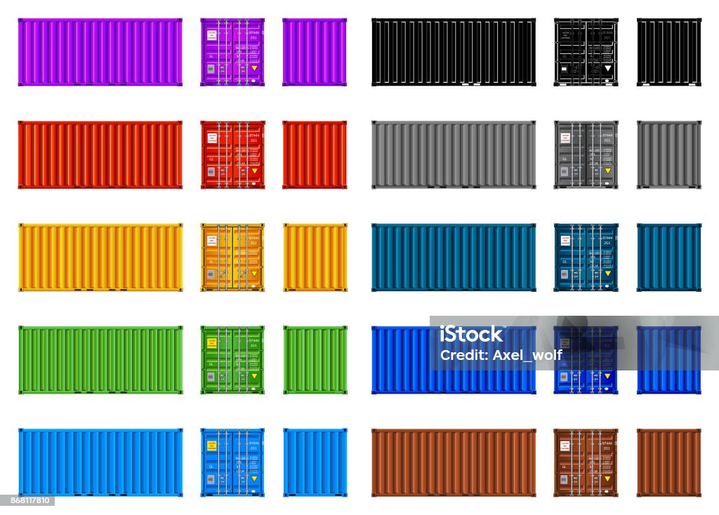 Cargo containers, multi-color set, vector, isolated on white Cargo container multicolor set. Vector illustration, isolated on white Cargo Container stock vector