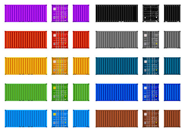 Cargo containers, multi-color set, vector, isolated on white Cargo container multicolor set. Vector illustration, isolated on white cargo container stock illustrations