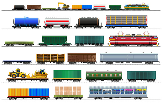 Freight train cars. Railway cargo carriage set. Color vector isolated on white background illustration. Silhouette