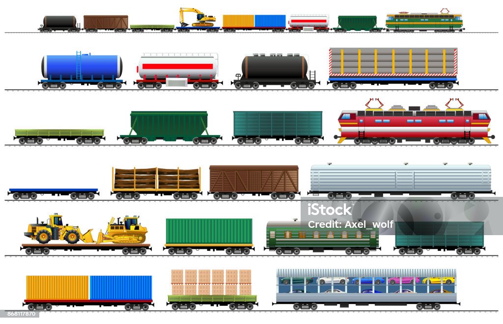 Freight train cars. Railway cargo carriage set with silhouettes. Vector, isolated on white Freight train cars. Railway cargo carriage set. Color vector isolated on white background illustration. Silhouette Freight Train stock vector