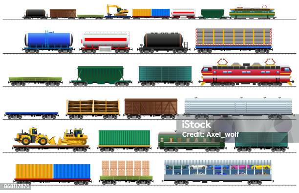 Freight Train Cars Railway Cargo Carriage Set With Silhouettes Vector Isolated On White Stock Illustration - Download Image Now