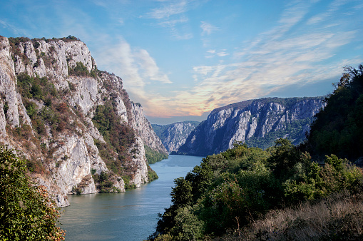 Danube river near the Serbian city of Donji Milanovac in the Iron Gates also known as Djerdap which are the Danube gorges a natural symbol of the border between Serbia and Romania
